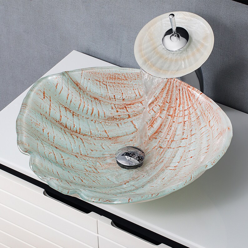 Bathroom Tempered Glass Vessel Sink in Sea Shell Shape of Ocean Beach Theme Countertop Mounted Sinks Vanity Basin Bowl White Amber image 1