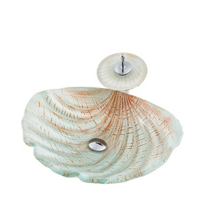 Bathroom Tempered Glass Vessel Sink in Sea Shell Shape of Ocean Beach Theme Countertop Mounted Sinks Vanity Basin Bowl White Amber image 4