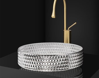 Modern Bathroom Glass Vessel Sink Silver Plated Vanity Countertop Basin in Diamond Shaped Pattern Lavatory Above Counter Bowl