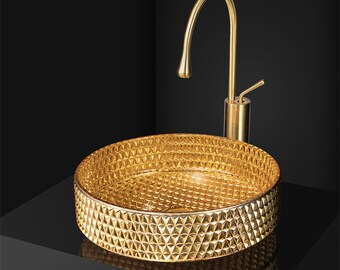 Luxury Bathroom Glass Vessel Sink Gold Plated Vanity Countertop Basin in Diamond Shaped Pattern Lavatory Above Counter Bowl