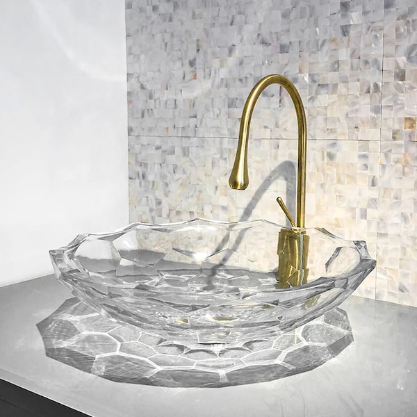 Crystal Clear Bathroom Glass Vessel Sink Transparent Vanity Countertop Basin in Lotus Shaped Pattern Artistic Lavatory Above Counter Bowl