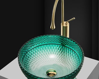 Modern Bathroom Vanity Countertop Glass Vessel Sink in Green-Embre Styles and in Diamond Shaped Pattened Artistic Lavatory Round Bowl