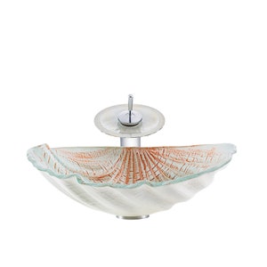 Bathroom Tempered Glass Vessel Sink in Sea Shell Shape of Ocean Beach Theme Countertop Mounted Sinks Vanity Basin Bowl White Amber image 3