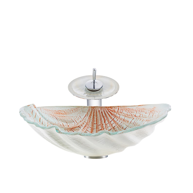 Bathroom Tempered Glass Vessel Sink in Sea Shell Shape of Ocean Beach Theme Countertop Mounted Sinks Vanity Basin Bowl White Amber image 3