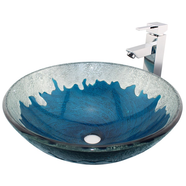 Contemporary Tempered Glass Vessel Sink Top Mounted Bathroom Sinks Modern Blue and Silver Abstract Pattern Round Vanity Basin Bowl