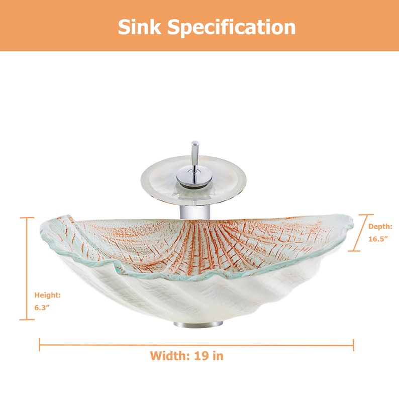 Bathroom Tempered Glass Vessel Sink in Sea Shell Shape of Ocean Beach Theme Countertop Mounted Sinks Vanity Basin Bowl White Amber image 5