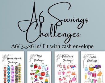 Op de afbeelding: Een verzameling afdrukbare A6 spaaruitdagingen, ontworpen voor cash enveloppen. De ontwerpen omvatten uitdagingen voor een huis aanbetaling, Valentijnsdag, Pasen, vakantie, verjaardagscadeaus, kinderen, boodschappen, auto, Kerstmis, schoonheid en kleding. 12 pagina's.