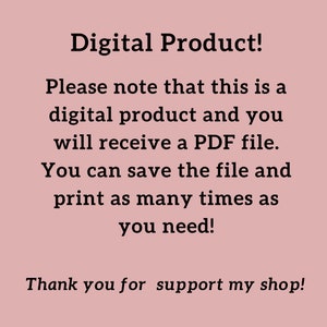 Op de afbeelding: Een digitale productaankondiging op een roze achtergrond. De tekst luidt "Digitaal product!" gevolgd door details over het ontvangen van een PDF-bestand en het afdrukken ervan. De boodschap eindigt met "Bedankt voor het steunen van mijn shop!"