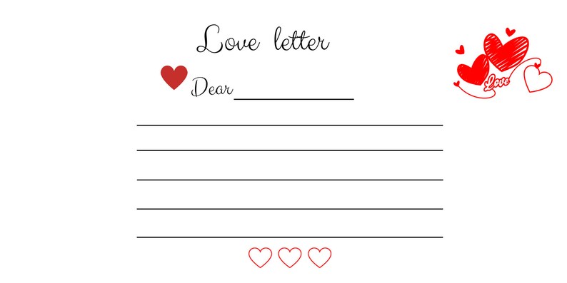 Op de afbeelding: Een witte liefdesbriefsjabloon met de woorden "Love letter" in cursief. Het bevat een rood hart, het woord "Lieve" gevolgd door een lege regel en verschillende horizontale lijnen om te schrijven. Decoratieve rode harten staan rechtsboven en linksonder.