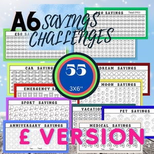 May include: A6 savings challenges with diverse themes like car and pet savings. The image shows multiple colourful charts with various icons and the text "E VERSION". A central circle displays "55" and the dimensions "3x6".