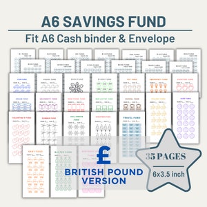 A6 Savings funds bundle (British Pounds GBP), A6 Cash binder & Envelope Printable Savings Challenge, 6x3,5 inch Finance Planner, Save money