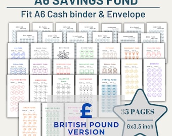 Op de afbeelding: Een set van 35 afdrukbare A6-spaarfonds-trackers in Britse ponden. Elke pagina heeft een ander spaardoel met een bijbehorend pictogram, zoals een auto, een huis of een vakantie. De pagina's zijn ontworpen om in een cash-binder- of envelopensysteem te passen.