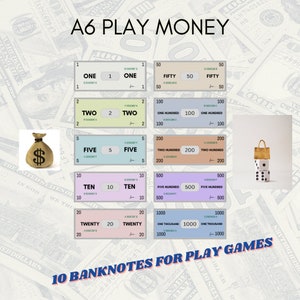 May include: A6 play money set featuring ten different denominations of banknotes, including One, Two, Five, Ten, Twenty, Fifty, One Hundred, Two Hundred, Five Hundred, and One Thousand. Includes a money bag graphic.