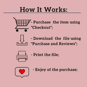 Op de afbeelding: Een infographic die het proces van het kopen en gebruiken van een digitaal product laat zien. De stappen zijn kopen, downloaden, afdrukken en genieten. Zwarte tekst op een lichtroze achtergrond.