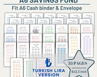 A6 Sparguthaben-Bundle (Türkische Lira TRY), druckbare Bargeldbinder-Umschläge (PDF)