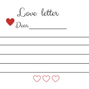 Op de afbeelding: Een witte liefdesbriefsjabloon met rode hartaccenten. De woorden "Love letter" staan bovenaan, met "Lieve" en een lege regel eronder. Er zijn verschillende horizontale lijnen voorzien om op te schrijven, en er zijn meer harten verspreid over de randen.