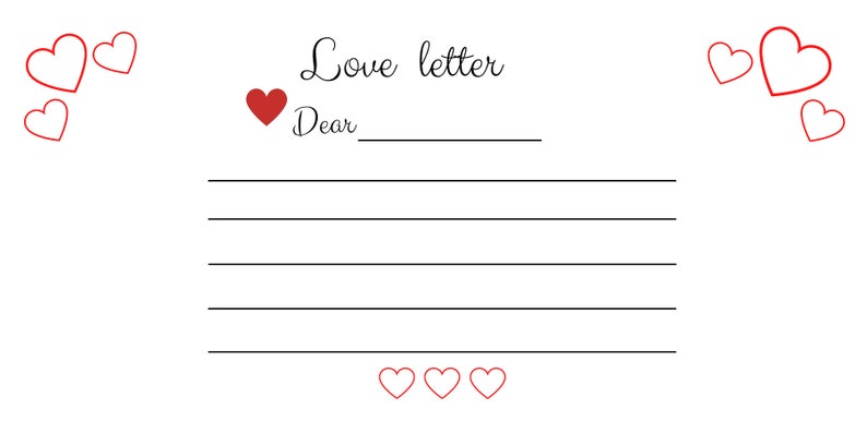 Op de afbeelding: Een witte liefdesbriefsjabloon met rode hartaccenten. De woorden "Love letter" staan bovenaan, met "Lieve" en een lege regel eronder. Er zijn verschillende horizontale lijnen voorzien om op te schrijven, en er zijn meer harten verspreid over de randen.
