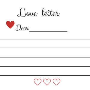 Op de afbeelding: Een witte liefdesbriefsjabloon met rode hartillustraties. De woorden "Love letter" staan bovenaan, met "Dear" en een lege regel eronder. Hartvormige ballonnen en andere hartontwerpen zijn ook inbegrepen.