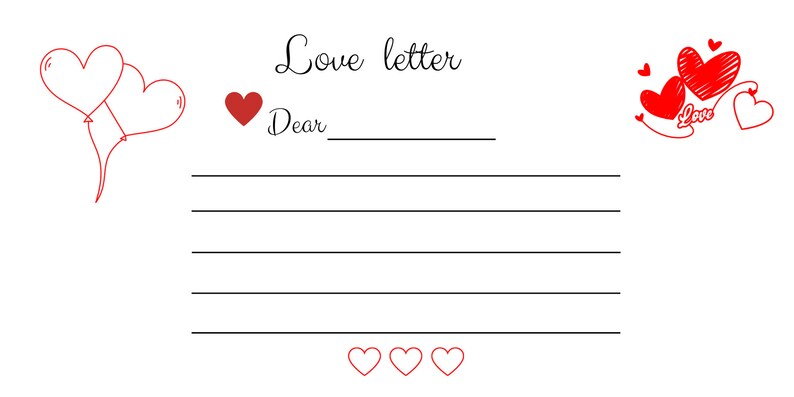 Op de afbeelding: Een witte liefdesbriefsjabloon met rode hartillustraties. De woorden "Love letter" staan bovenaan, met "Dear" en een lege regel eronder. Hartvormige ballonnen en andere hartontwerpen zijn ook inbegrepen.