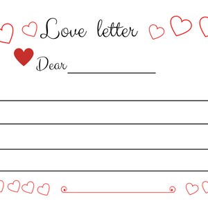 Op de afbeelding: Een witte liefdesbriefsjabloon met een rand van rode harten. De woorden "Love letter" en "Dear" zijn in zwart script geschreven. De brief heeft lijnen om een bericht te schrijven.