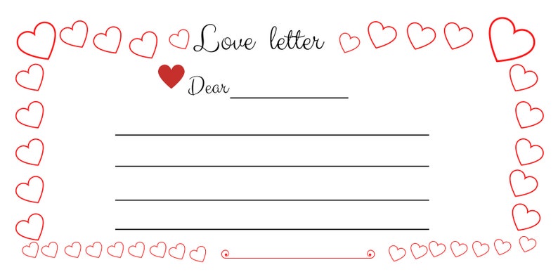 Op de afbeelding: Een witte liefdesbriefsjabloon met een rand van rode harten. De woorden "Love letter" en "Dear" zijn in zwart script geschreven. De brief heeft lijnen om een bericht te schrijven.