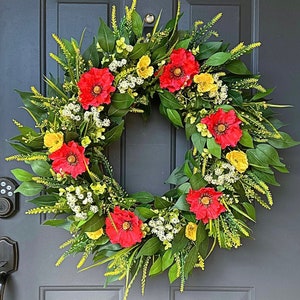 Large Summer Wildflower Wreath For Front Door, Red Poppy Summer Wreath, Mother’s Day Gift, Cottage Poppy Wreath, Farmhouse Summer Wreath