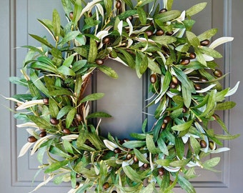 Olive Branch Wreath For Front Door, Minimalistic Everyday Greenery Wreath, Year Round, Modern Farmhouse, Housewarming Gift, Summer Wreath