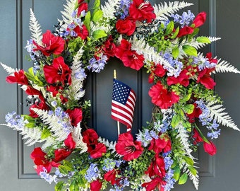 Patriotic Wreath For Front Door, 4th of July wreath, Independence Day Wreath, Flag Wreath, Red White Blue Patriotic Wreath, Memorial Day