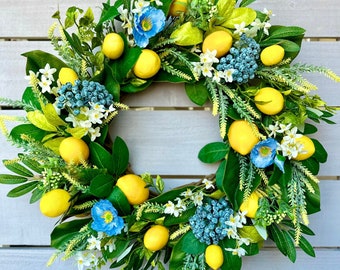 Lemon Wreath For Front Door, Summer Wreath With Lemons And Blue Berries, Kitchen Decor, Mother’s Day Gift, Housewarming, Cottage Decor