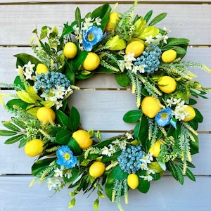 Lemon Wreath For Front Door, Summer Wreath With Lemons And Blue Berries, Kitchen Decor, Mother’s Day Gift, Housewarming, Cottage Decor