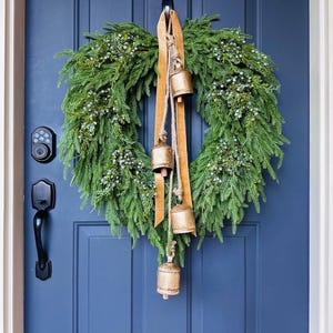 Large Winter Norfolk Pine Wreath With Rustic Bells, Minimalistic Winter Wreath, Artificial Evergreen Wreath, Christmas, Holiday Wreath