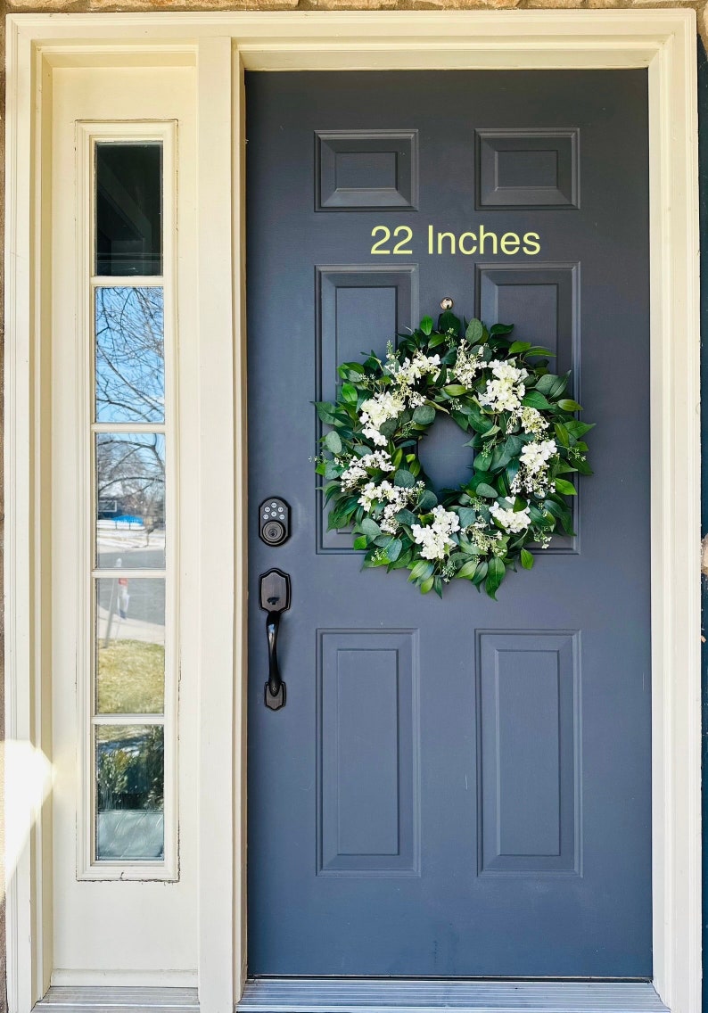 Year Round Wreath For Front Door, Eucalyptus Wreath, White Hydrangea Wreath, Spring Wreaths, Housewarming, Modern Farmhouse, Cottage Decor 22 Inches