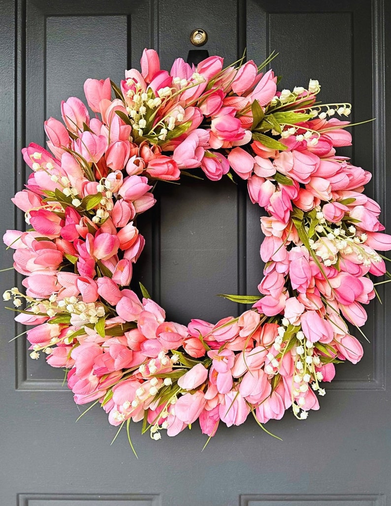Spring Tulip Wreath For Front Door, Easter, Mother’s Day, Spring Wreath, Lily Of The Valley, Everyday Wreath, Valentine’s Day, Housewarming image 3