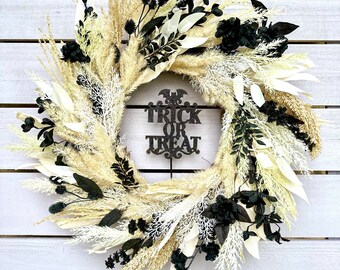 Elegant Halloween Wreath, Black And White Halloween Wreath, Trick Or Treat Wreath, Boho Style Halloween Wreath