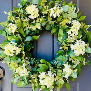 Year Round Wreath For Front Door, Eucalyptus Wreath, White Hydrangea Wreath, Spring Wreaths, Housewarming, Modern Farmhouse, Cottage Decor image 6