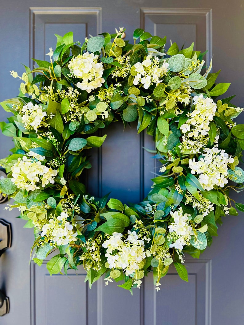 Year Round Wreath For Front Door, Eucalyptus Wreath, White Hydrangea Wreath, Spring Wreaths, Housewarming, Modern Farmhouse, Cottage Decor image 6