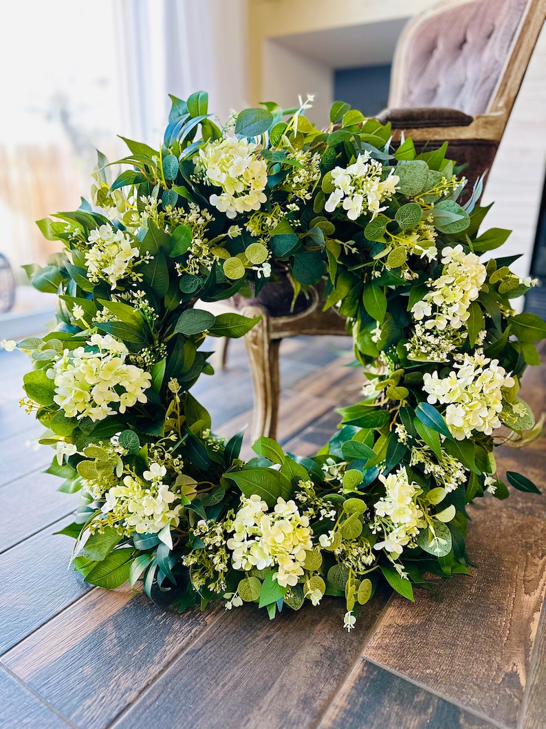 Year Round Wreath For Front Door, Eucalyptus Wreath, White Hydrangea Wreath, Spring Wreaths, Housewarming, Modern Farmhouse, Cottage Decor image 9