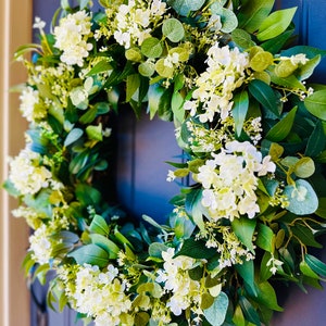 Year Round Wreath For Front Door, Eucalyptus Wreath, White Hydrangea Wreath, Spring Wreaths, Housewarming, Modern Farmhouse, Cottage Decor image 3