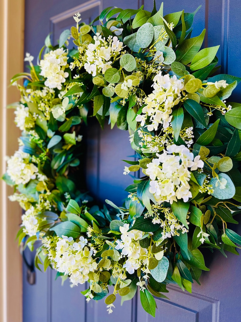 Year Round Wreath For Front Door, Eucalyptus Wreath, White Hydrangea Wreath, Spring Wreaths, Housewarming, Modern Farmhouse, Cottage Decor image 3