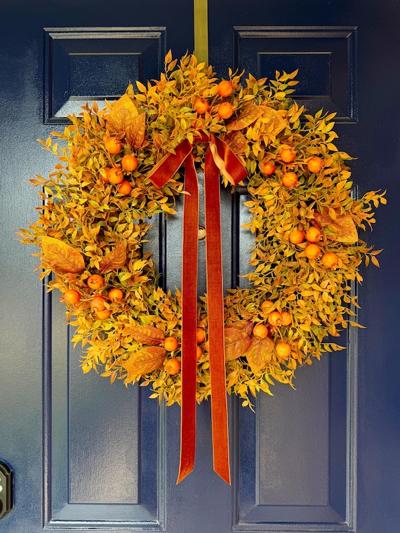 Elegant Fall Foliage Wreath with Velvet Ribbon | Autumn Front Door Wreath | Orange Berry Wreath | Neutral Fall Decor | Thanksgiving Decor