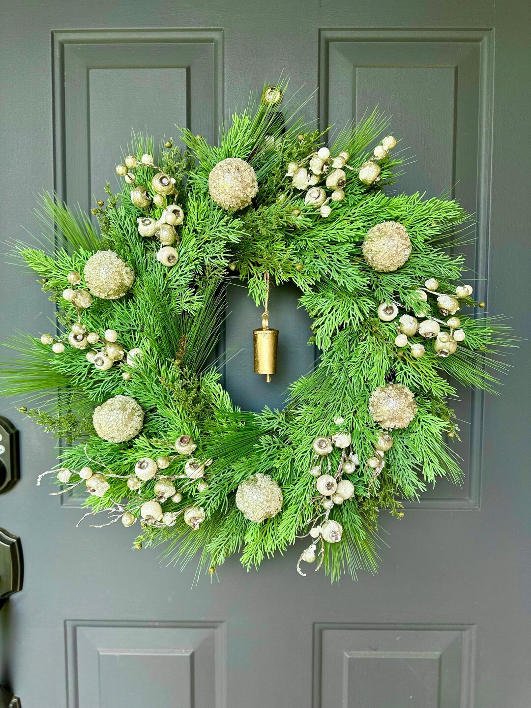Christmas Evergreen Wreath With Golden Berries, Ornaments and Rustic ...