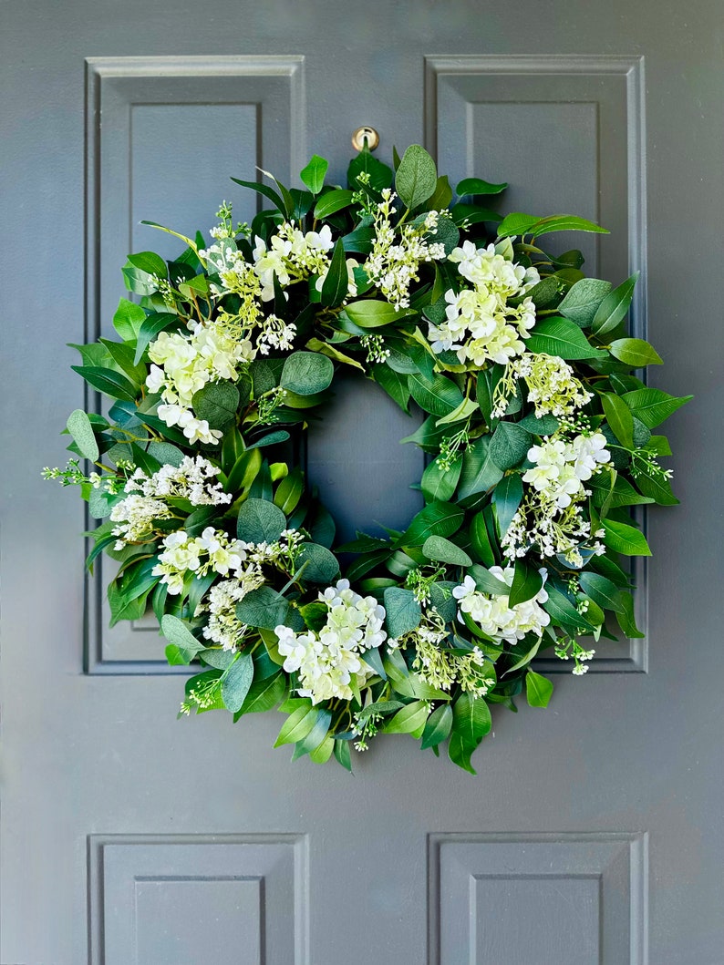 Year Round Wreath For Front Door, Eucalyptus Wreath, White Hydrangea Wreath, Spring Wreaths, Housewarming, Modern Farmhouse, Cottage Decor image 2