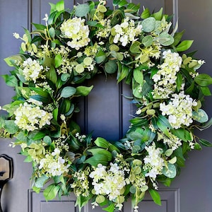 Year Round Wreath For Front Door, Eucalyptus Wreath, White Hydrangea Wreath, Spring Wreaths, Housewarming, Modern Farmhouse, Cottage Decor image 1