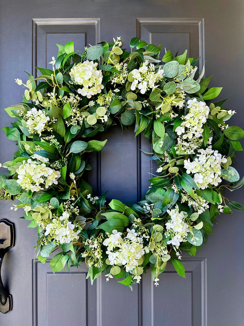 Year Round Wreath For Front Door, Eucalyptus Wreath, White Hydrangea Wreath, Spring Wreaths, Housewarming, Modern Farmhouse, Cottage Decor image 1