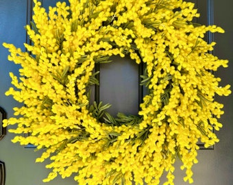 Spring Mimosa Wreath For Front Door, Bright, Yellow, Vibrant Spring Wreath, Easter, Farmhouse, Acacia, Housewarming, Mothers Day, Summer