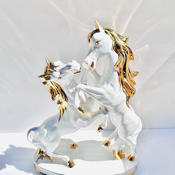 Vintage 20th Century Gilt White Porcelain Prancing Horses Statue | Horse Fire Porcelain Sculpture | Hollywood Regency Gold Gilt Gift