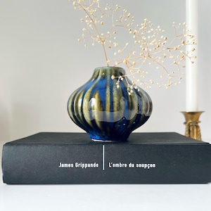 Mid Century Modern Ceramic Vase | Small Bud Vase | Blue and Green Shelf Decor | Drip Glaze Vase