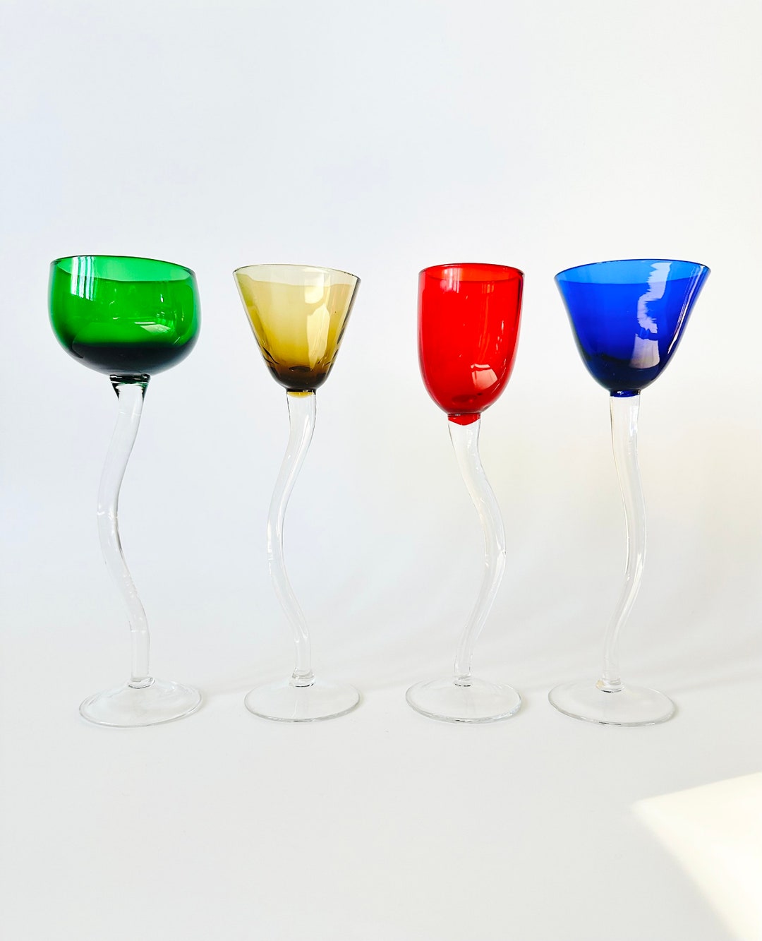Vintage Set of 4 Multicolored Long Swirl Stem Liqueur Glasses Stemware Cocktail Glasses Gems