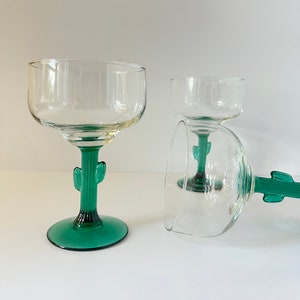 Vintage 1980’s Libbey set of 2 margarita glasses, with green Cactus stem and Clear top