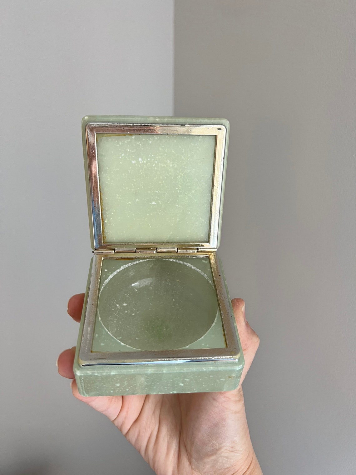 Vintage Italian Mint Alabaster Powder Box Floral Pattern Alabaster Box